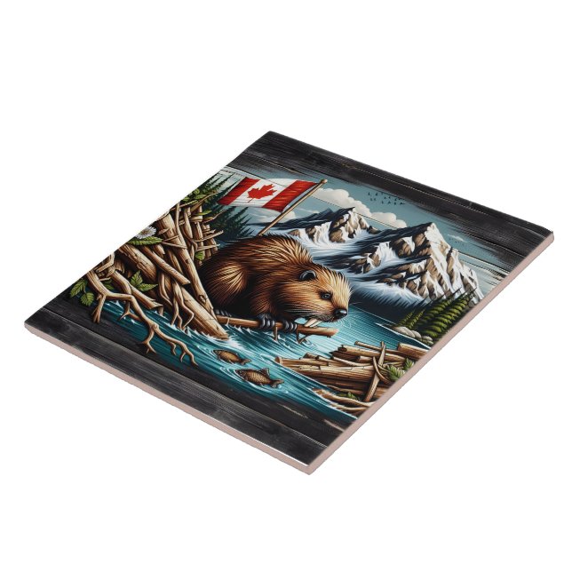 Canadian Beaver With Flag by Mountain River Ceramic Tile (Side)