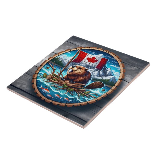 Canadian Beaver With Flag in Mountain Landscape Ceramic Tile (Side)