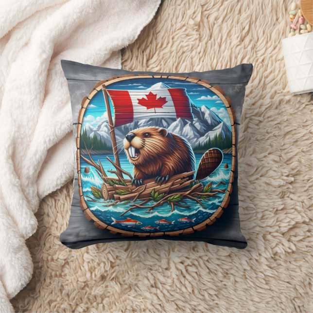 Canadian Beaver With Flag in Mountain Landscape Cushion (Blanket)