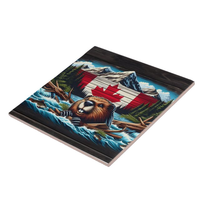 Canadian Beaver With Flag in Mountain Stream Ceramic Tile (Side)