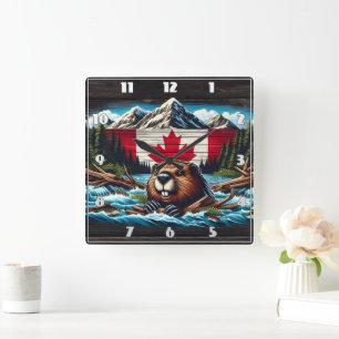 Canadian Beaver With Flag in Mountain Stream Square Wall Clock