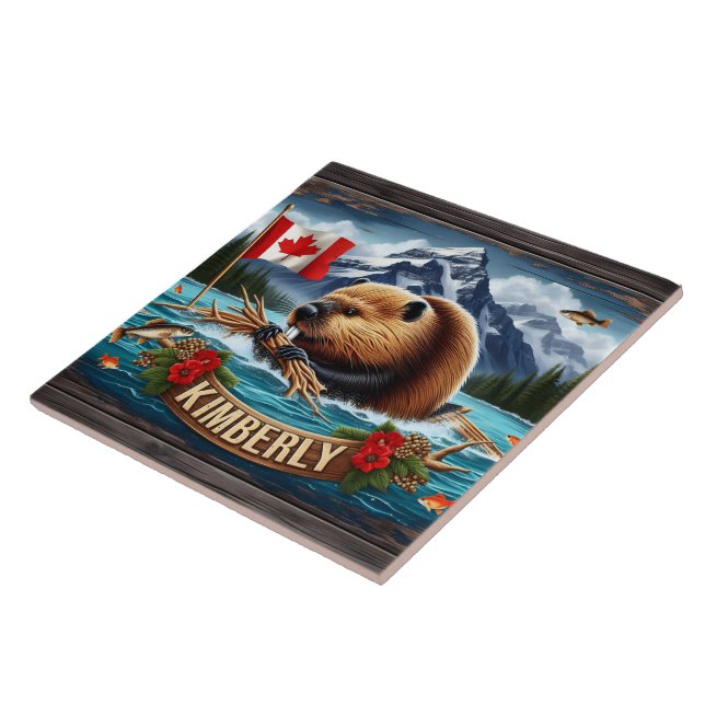 Canadian Beaver With Flag Near Kimberly Ceramic Tile (Side)