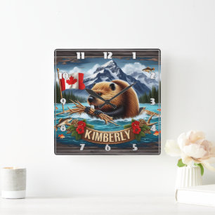 Canadian Beaver With Flag Near Kimberly Square Wall Clock