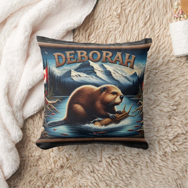 Canadian Beaver With Flag Near Scenic Mountains Cushion (Blanket)