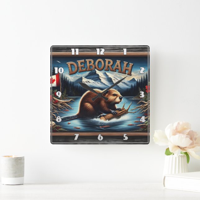 Canadian Beaver With Flag Near Scenic Mountains Square Wall Clock (Home)