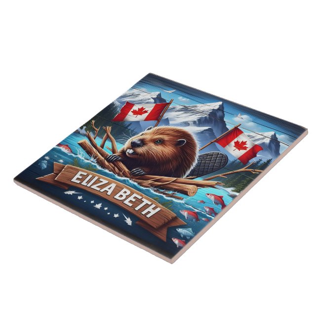 Canadian Beaver With Flags in Mountain Setting Ceramic Tile (Side)