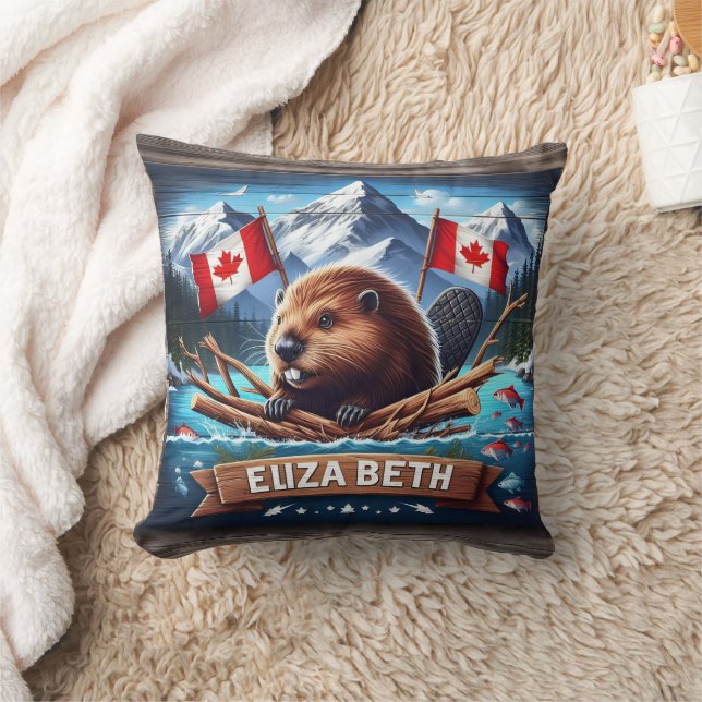 Canadian Beaver With Flags in Mountain Setting Cushion (Blanket)