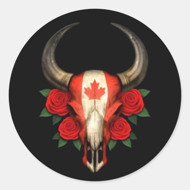 Canadian Flag Bull Skull with Red Roses Classic Round Sticker (Front)