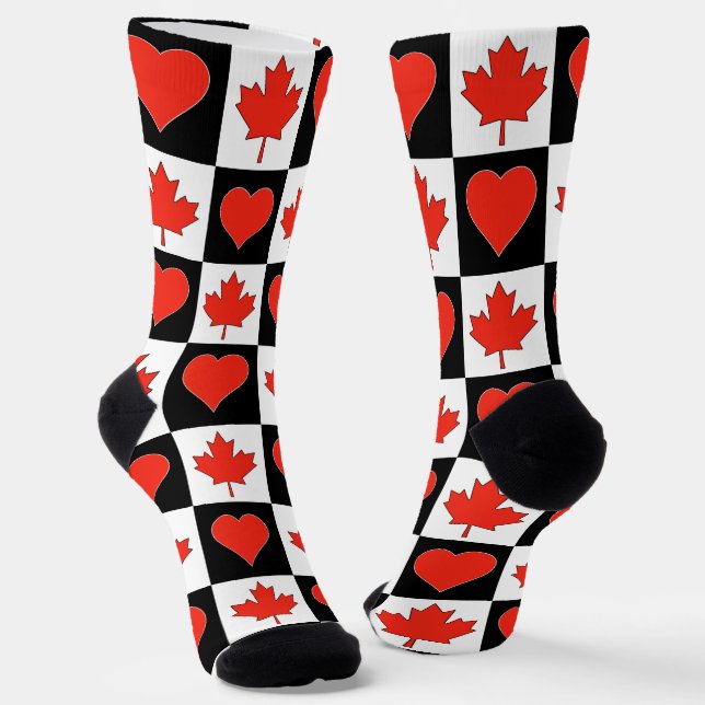 Canadian Flag Heart Pattern Fun Patriotic Canada Socks (Angled)