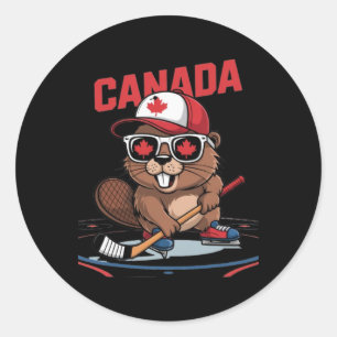 Canadian Flag Maple Leaf Beaver Hockey Stick Sungl Classic Round Sticker