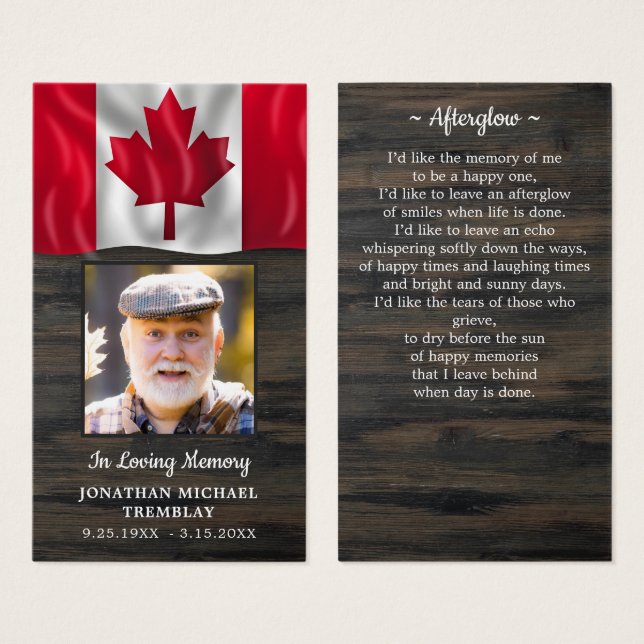 Canadian Flag Memorial Photo Funeral Prayer Card (Front & Back)