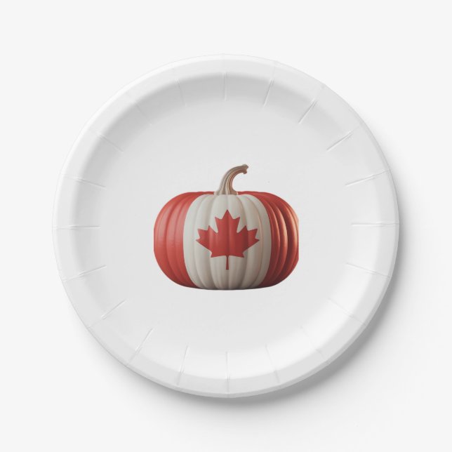 Canadian Flag Pumpkin Maple Leaf Thanksgiving Over Paper Plate (Front)