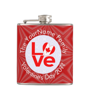 Canadian Flag Red Letters LOVE Personalised  Hip Flask