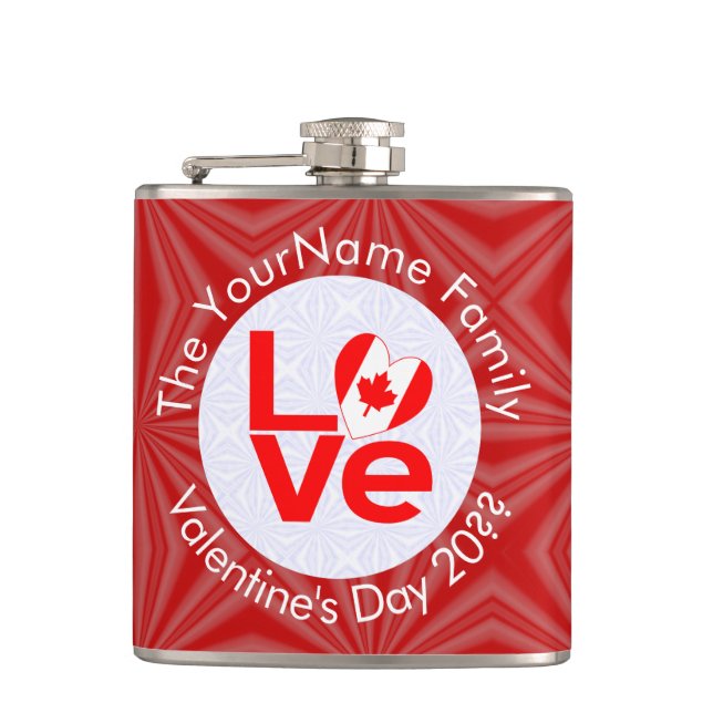 Canadian Flag Red Letters LOVE Personalised  Hip Flask (Front)