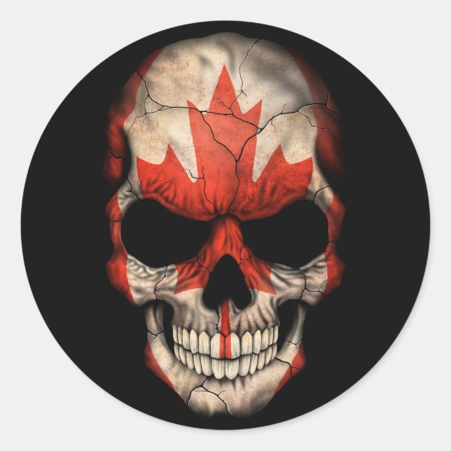 Canadian Flag Skull on Black Classic Round Sticker (Front)