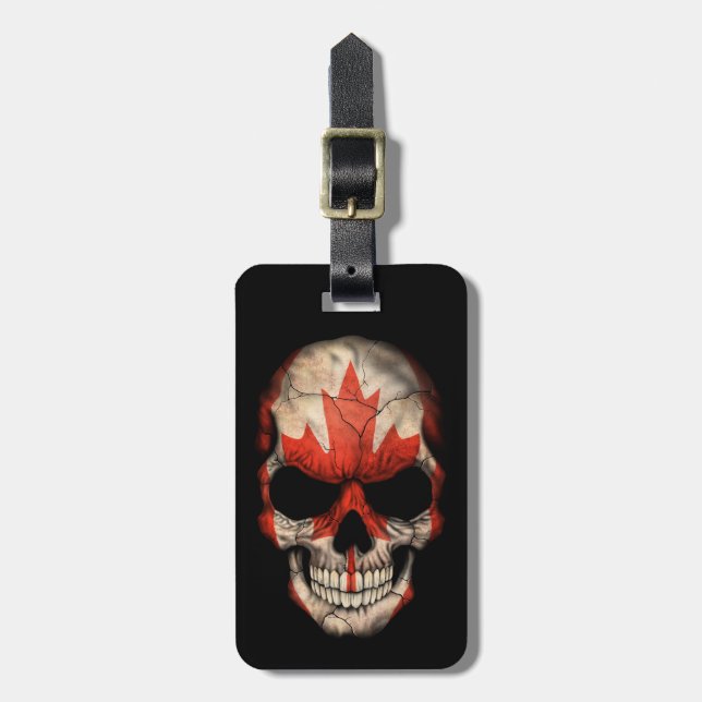 Canadian Flag Skull on Black Luggage Tag (Front Vertical)