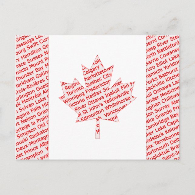 Canadian flag with city and town names postcard (Front)