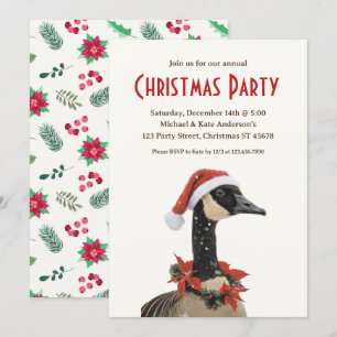 Canadian Goose Red Hat Poinsettias Christmas Party Invitation