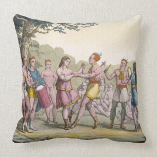 Canadian Indian dance in the evening (colour engra Cushion