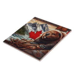 Canadian Landscape With Beaver and Maple Leaf Ceramic Tile