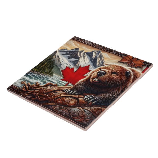 Canadian Landscape With Beaver and Maple Leaf Ceramic Tile (Side)