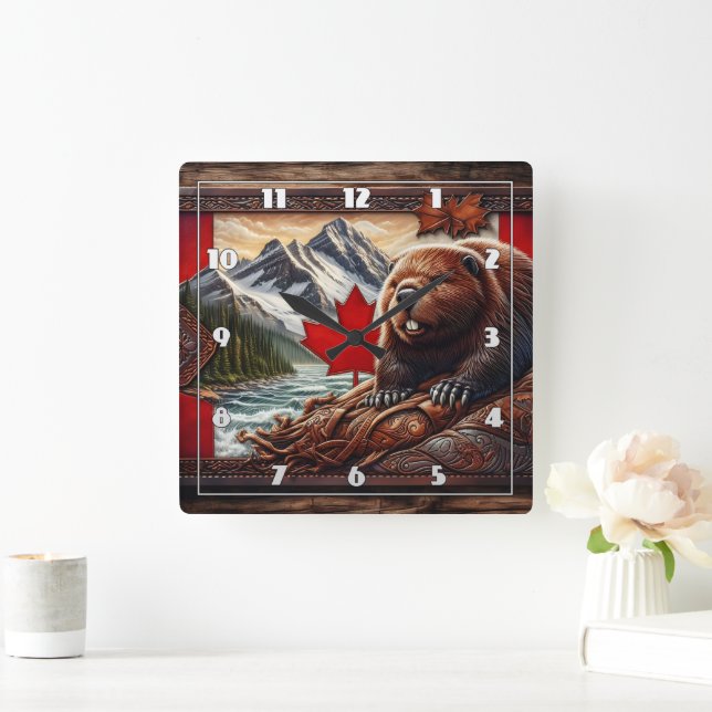 Canadian Landscape With Beaver and Maple Leaf Square Wall Clock (Home)