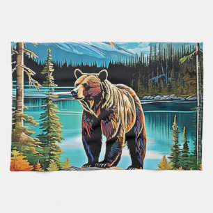 Canadian Majestic Mountain Bear Design Tea Towel