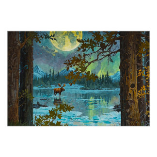 Canadian Moose & Winter Moon Poster