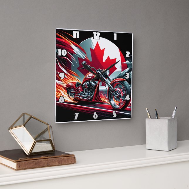 Canadian motorcycle ride with a fiery backdrop square wall clock (Office)