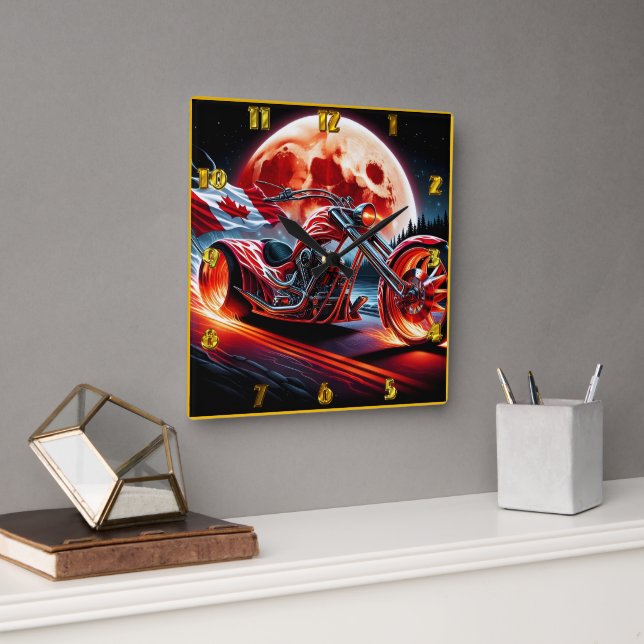 Canadian motorcycle rides under a glowing moon square wall clock (Office)