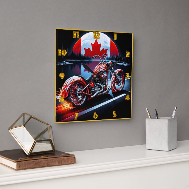 Canadian motorcycle under a moonlit flag square wall clock (Office)