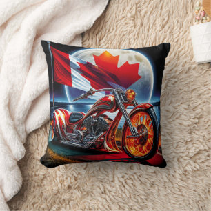 Canadian motorcycle with flag under a full moon cushion