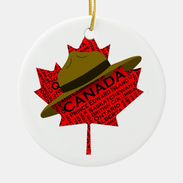 Canadian Mountie Hat on Red Maple Leaf Ceramic Ornament (Front)