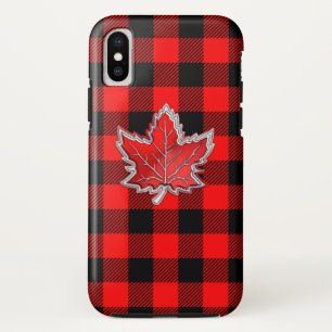 Canadian Red Maple Leaf on Buffalo Plaid Pattern iPhone XS Case