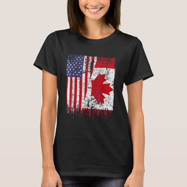 Canadian Roots Half American Flag Canada Day Flag  T-Shirt (Front)