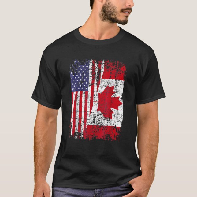 Canadian Roots Half American Flag Canada T-Shirt (Front)