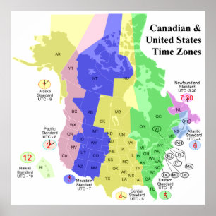 Canadian & United States Political Time Zone Map Poster