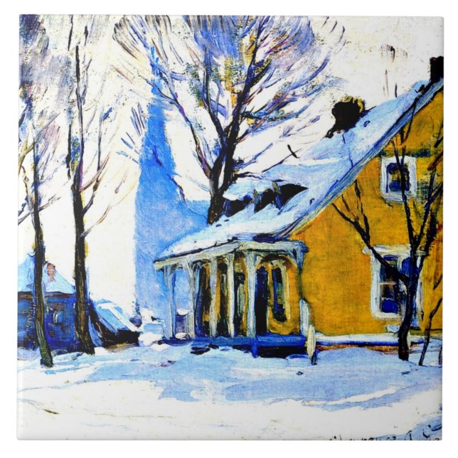 Canadian Village, Grey Day, Clarence Gagnon art, Ceramic Tile (Front)