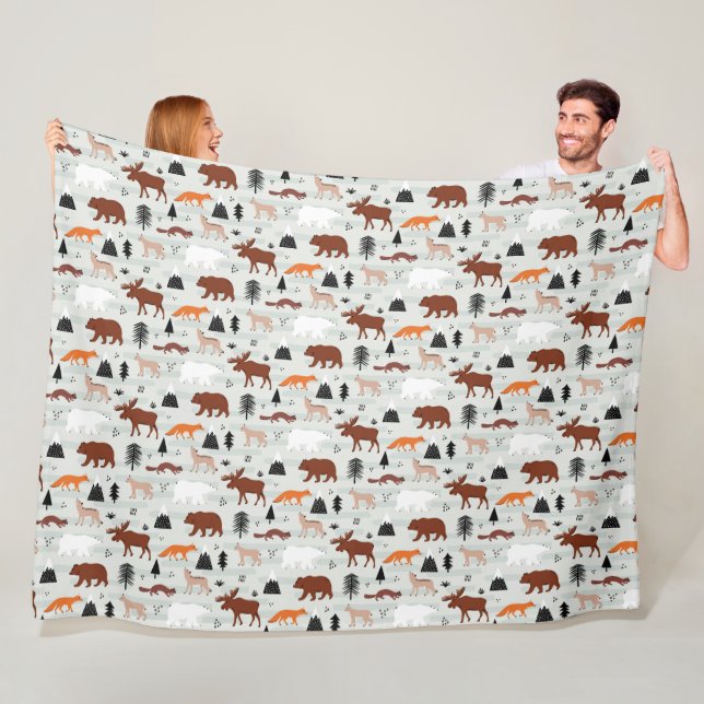 Canadian Wild Animals Pattern Moose Bear Fox Wolf Fleece Blanket (In Situ)