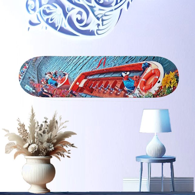 Canal Boat in Still Water Scene Painting Abstract  Skateboard (Canal Boat in Still Water Scene Painting Abstract Skateboard)