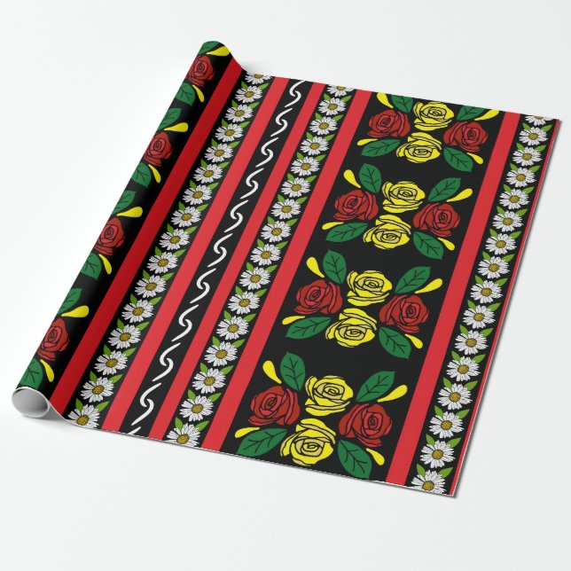 Canal Boat Narrowboat Folk Art Red Roses Wrapping Paper (Unrolled)