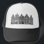Canal House Black Amsterdam Holland Dutch Travel Trucker Hat<br><div class="desc">Show your love for Holland with this sweet whimsical Amsterdam houses pattern art tee. Makes a great birthday gift! You can customize it and add or change the text too. Check my shop for lots more colors and patterns! And more matching items too like totes,  tees,  stickers and mugs.</div>