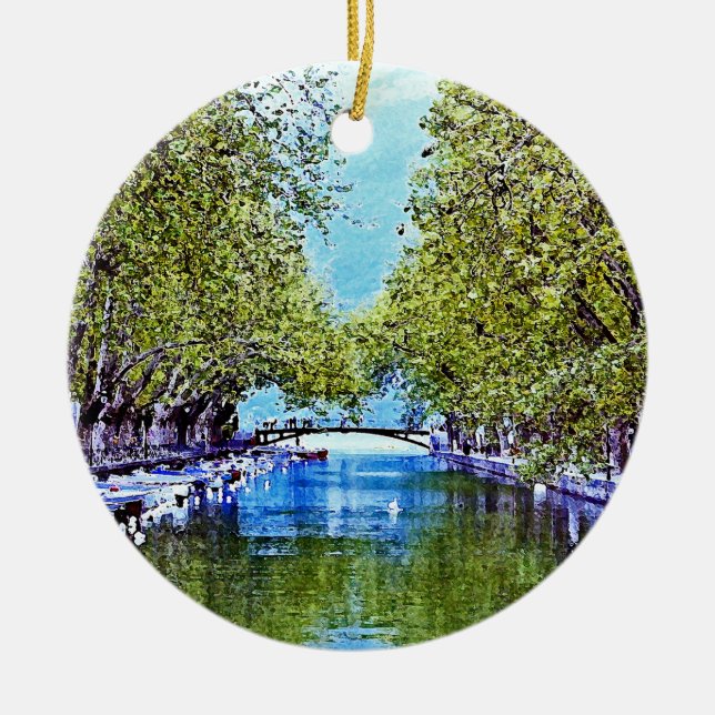 Canal in Annecy France Ceramic Tree Decoration (Front)
