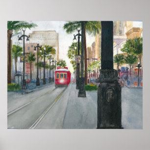 Canal Street Trolley, New Orleans in Watercolor Poster