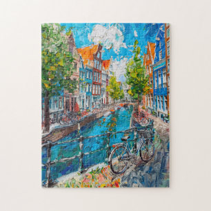 Canal with Bicycles and Colorful Houses Painting Jigsaw Puzzle