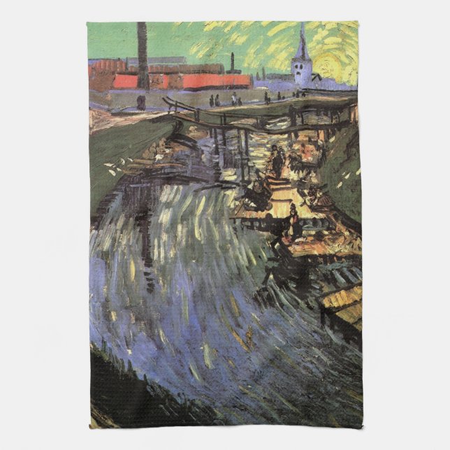 Canal with Women Washing by Vincent van Gogh Tea Towel (Vertical)