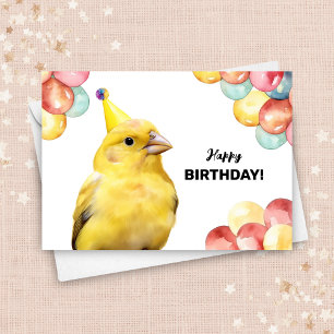 Canary Bird with Balloons and Party Hat Birthday Card