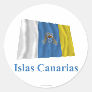 Canary Islands Waving Flag with Name in Spanish Classic Round Sticker