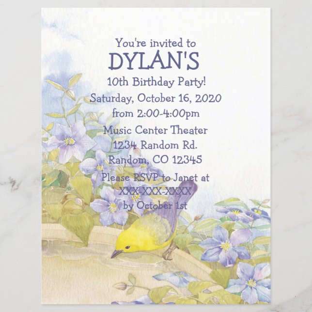 Canary theme birthday party flyer invitations (Front)