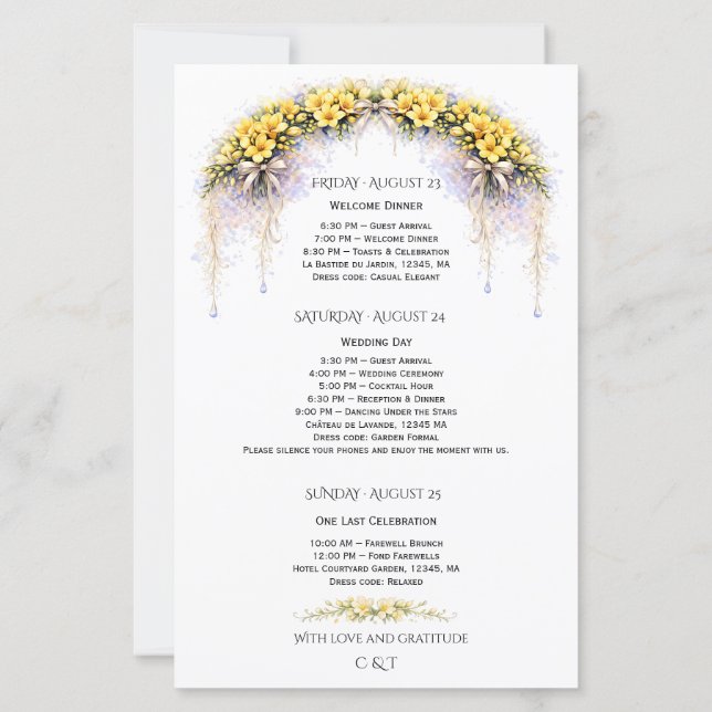 Canary Yellow Freesia Wedding  Weekend  Program (Back)